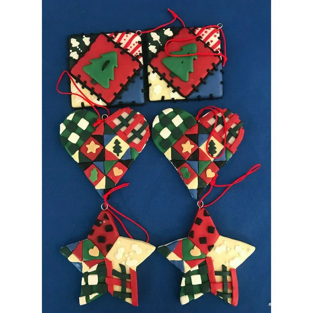 Handmade‎ Quilted Christmas Ornaments Set of 6 Stars Hearts Squares